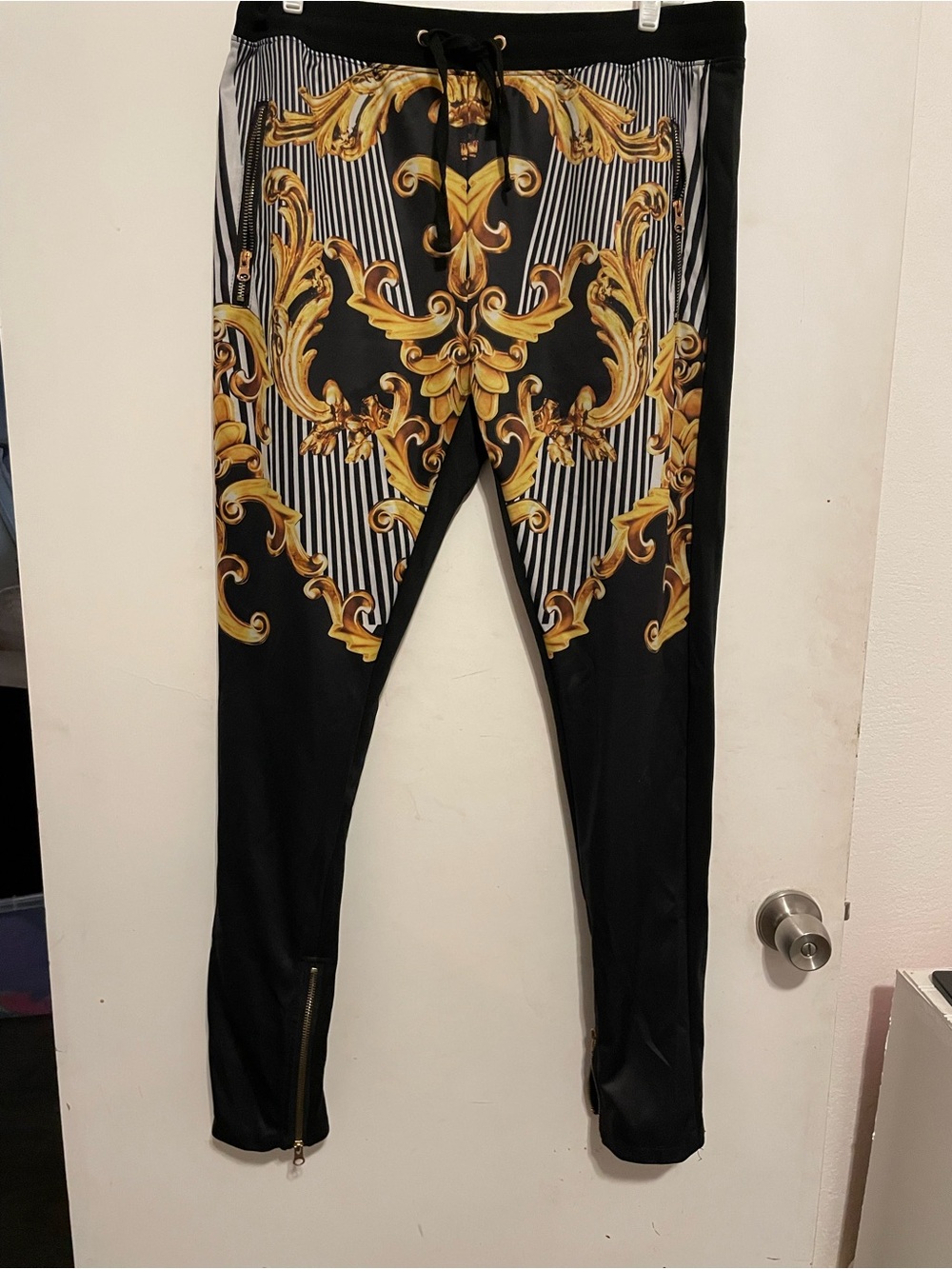 Black Jogger Pants with Ornate Gold Baroque Print